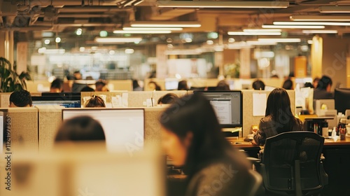 Modern office scene asian real photo sustainable, there are many people in the office