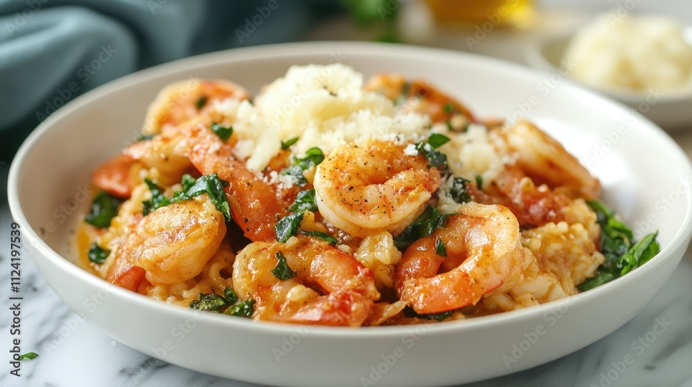 Creamy shrimp risotto with spinach and parmesan cheese. Creamy shrimp risotto with spinach and parmesan cheese.