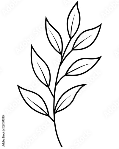 Botanical branche with slender leaves line art vector illustration 