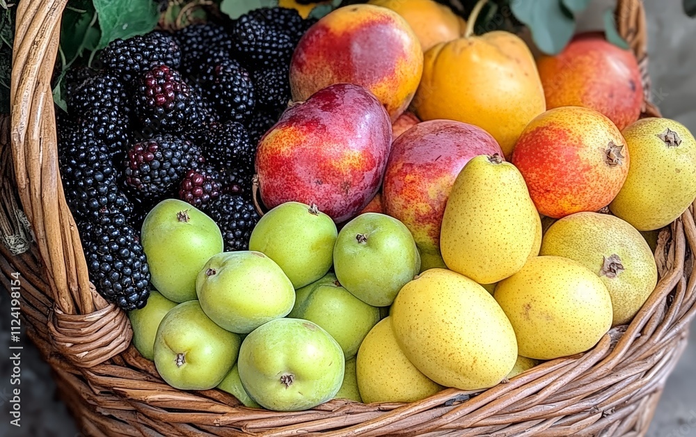 A basket of hybrid fruits, showcasing their diverse shapes, colors, and textures
