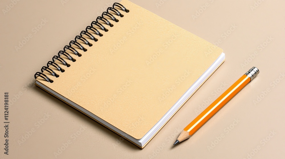 Spiral Bound Notebook with Pencil on Neutral Background Spiral Bound Notebook with Pencil on Neutral Background