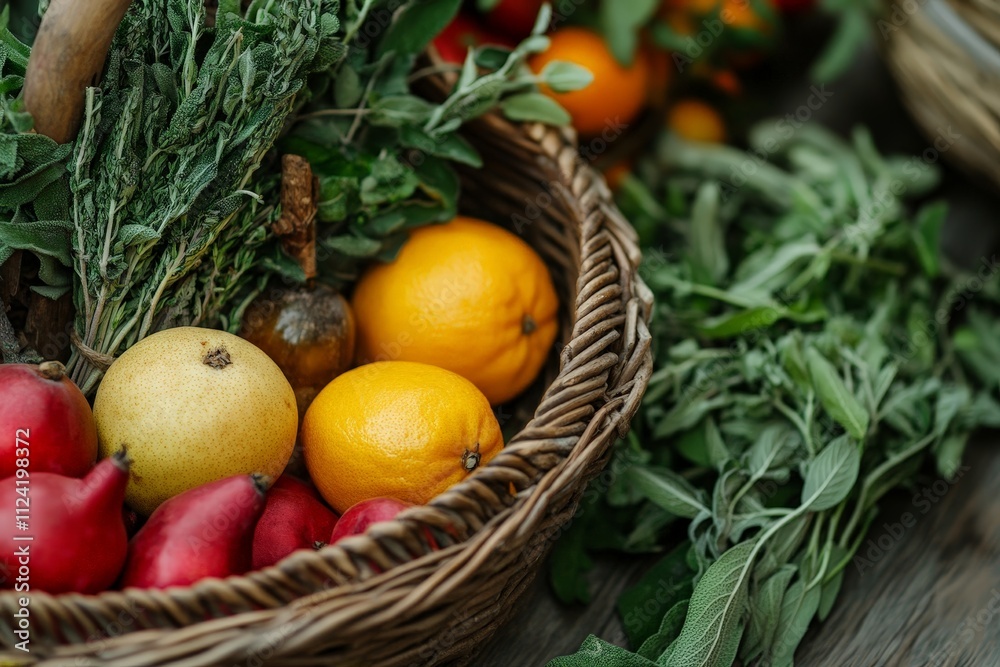 A basket of medicinal fruits alongside herbs, creating a natural remedy display A basket of medicinal fruits alongside herbs, creating a natural remedy display