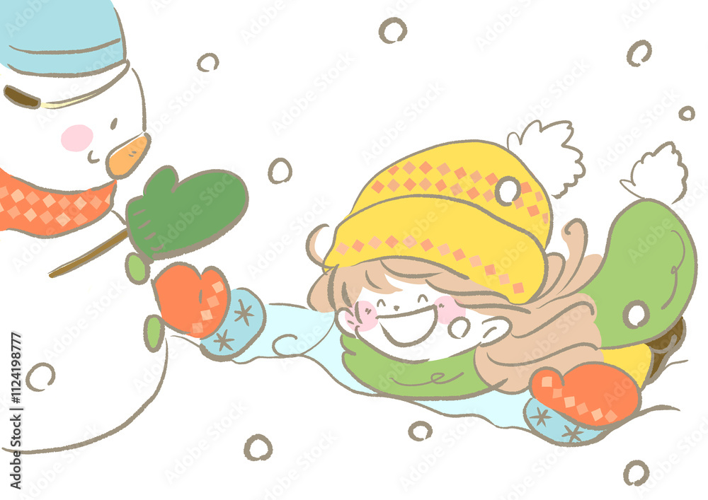 雪遊びをする女の子　雪だるま
