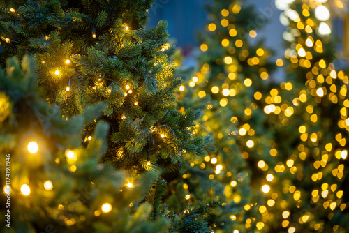 Christmas trees with golden decorative lights 
