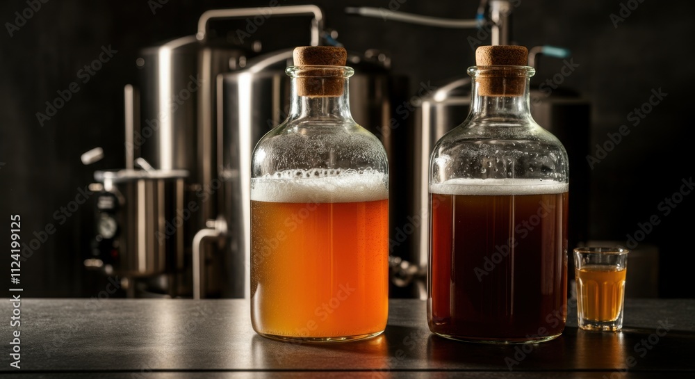 Craft beer bottles in brewery with stainless steel equipment in background Craft beer bottles in brewery with stainless steel equipment in background