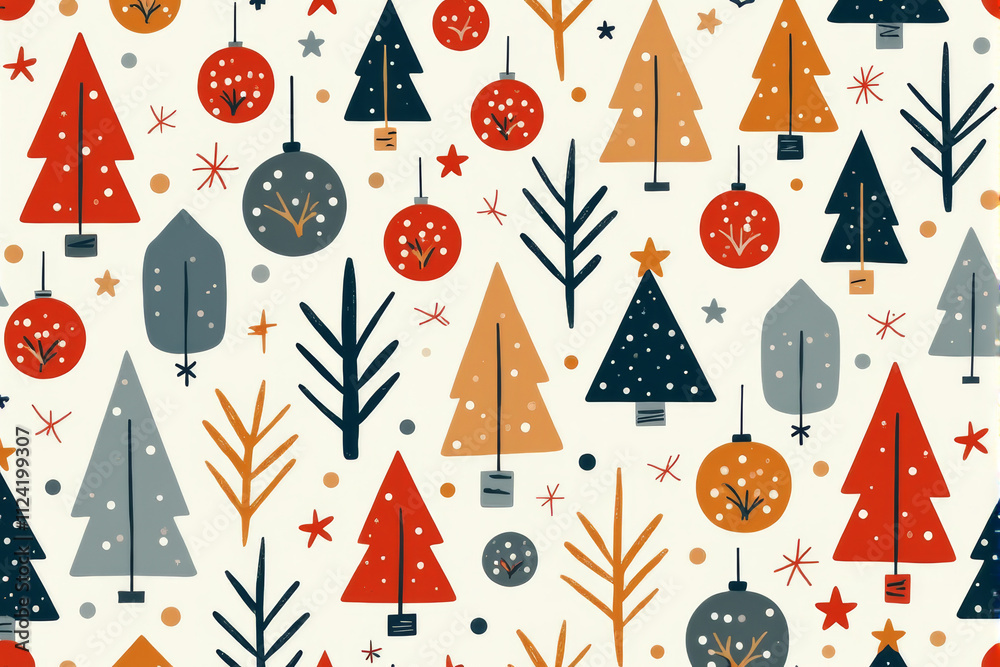 A detailed Christmas tree pattern featuring evergreen pines, decorated garlands, and shining stars in a seamless holiday layout.. A detailed Christmas tree pattern featuring evergreen pines, decorated garlands, and shining stars in a seamless holiday layout..