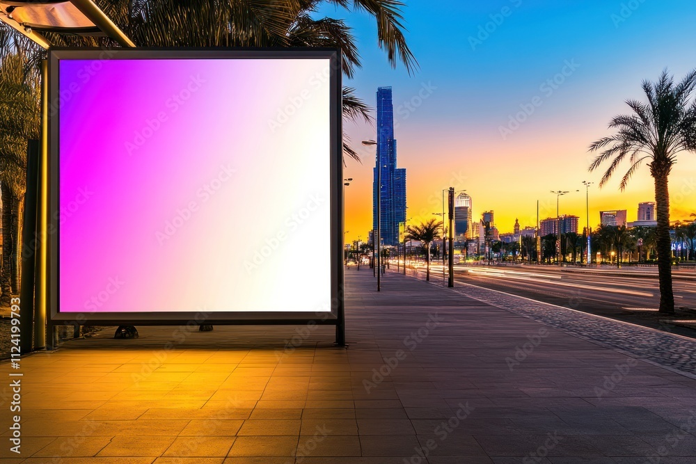 Dusk Urban Ad: Illuminated Billboard at Bus Stop Dusk Urban Ad: Illuminated Billboard at Bus Stop