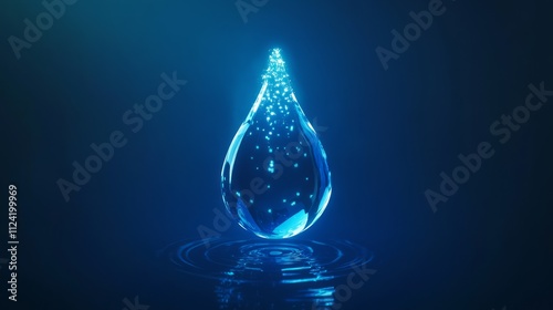 Glowing blue water drop with ripple reflection on dark background.