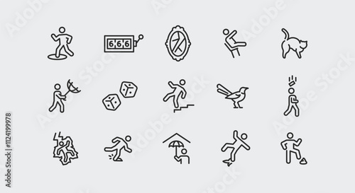 Superstition icons. Set of 15 superstition trendy minimal icons. Mirror, Ladder, Black Cat, Horseshoe, Number 13 icon. Design signs for web page, mobile app, packaging design. Vector illustration.