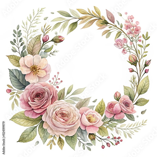 Watercolor floral wreath with roses in pastel colors