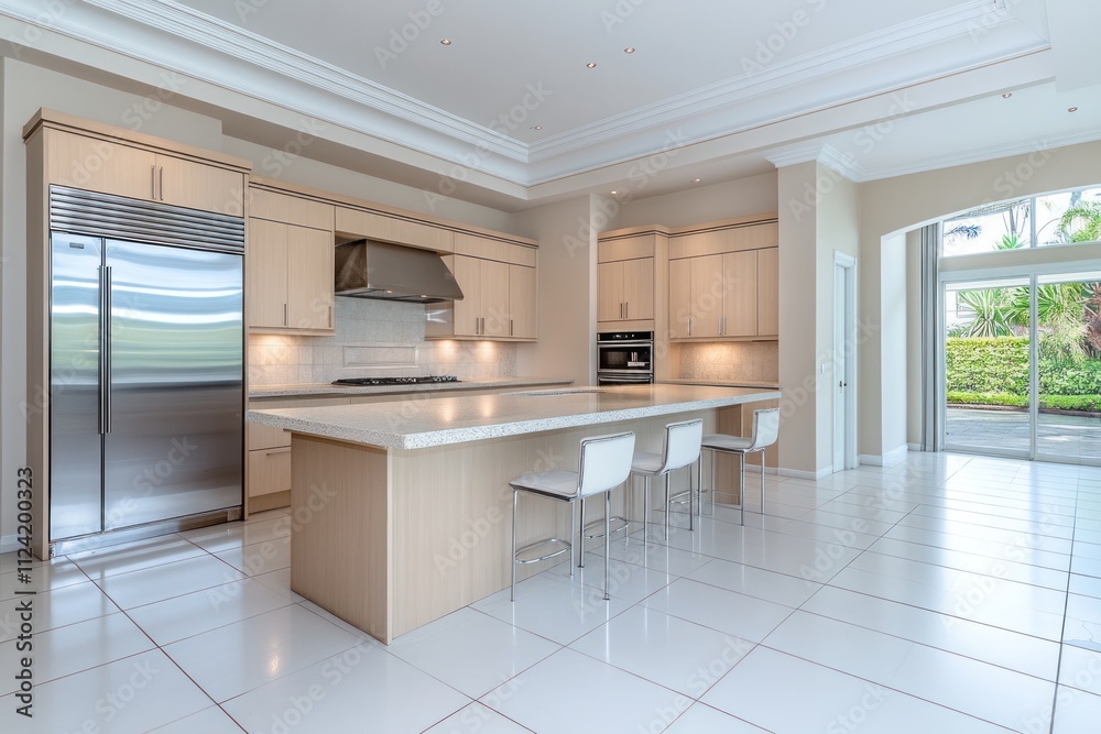 Modern Home Kitchen with Bar Island and Refrigerator Cabinet