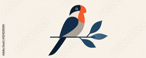 minimalist design of parrot sitting on perch, showcasing vibrant colors and simple shapes. This artwork captures essence of nature and creativity photo