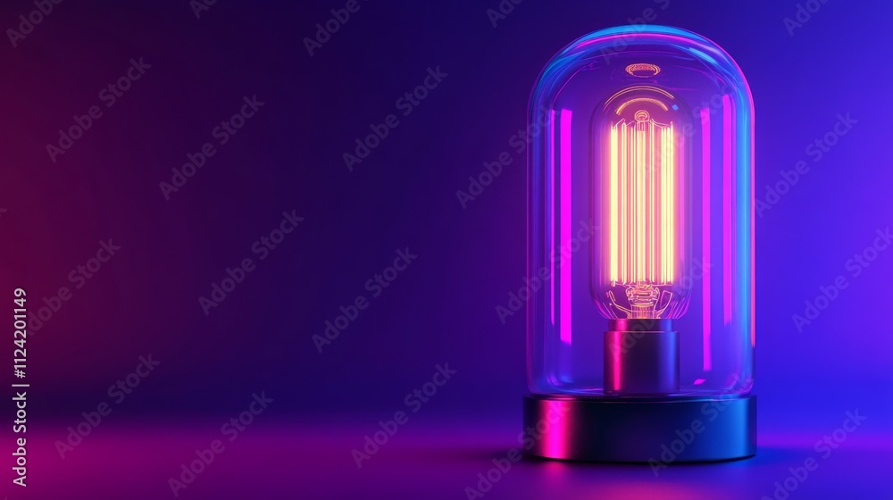 Glowing filament bulb in glass enclosure on purple background. Glowing filament bulb in glass enclosure on purple background.