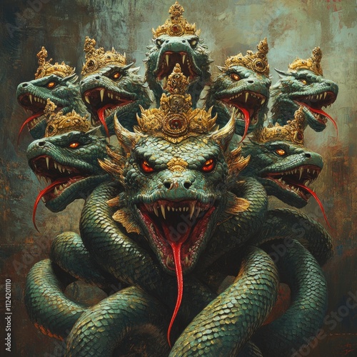 Mythological Naga serpent with seven heads, emerald green body, fierce protective presence