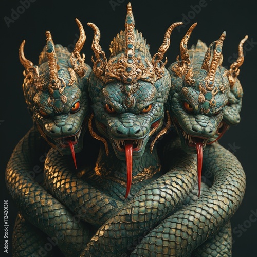 Seven-headed serpent Naga, detailed scales, golden crowned heads, fierce mythical guardian figure photo