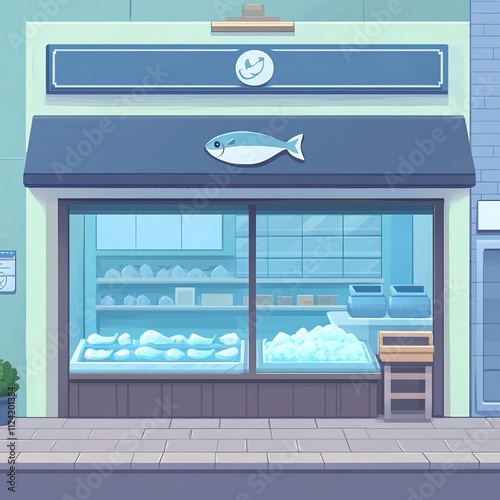 Illustration of a Japanese-style fish market storefront with fish and ice on display.