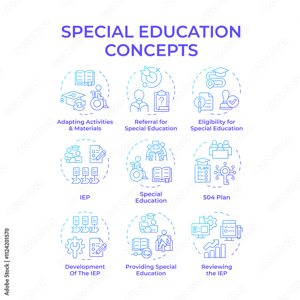 Special education blue gradient concept icons. Inclusive classes for students in school. Integrative learning programs. Icon pack. Vector images. Round shape illustrations for articles. Abstract idea