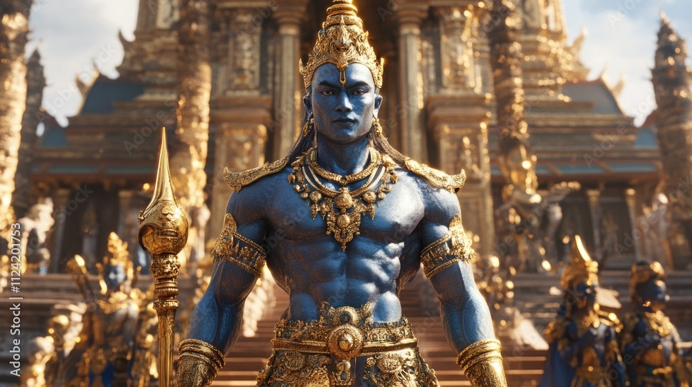 Yaksha warrior figure, golden crown and attire, muscular build, sacred realm defender, temple background Yaksha warrior figure, golden crown and attire, muscular build, sacred realm defender, temple background