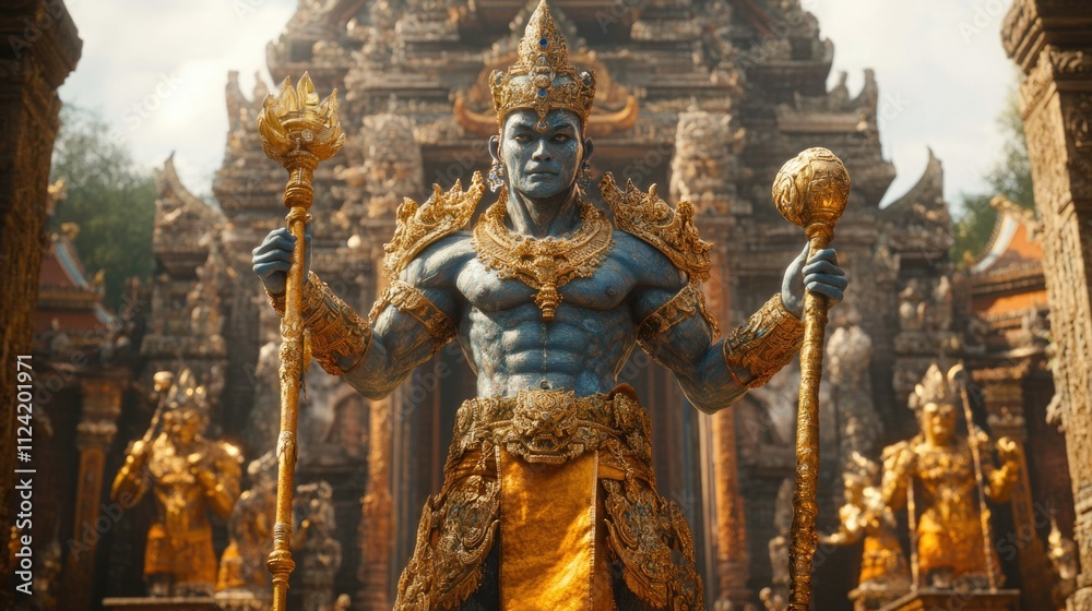 Fototapeta premium Yaksha guardian with golden armor, sacred palace courtyard, defensive posture, mystical energy ribbons