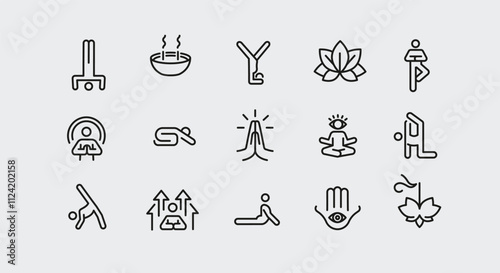 Yoga and meditation icons. 15 of yoga and meditation trendy minimal icons. Yoga Pose, Meditation, Stretching icon. Design signs for web page, mobile app, packaging design. Vector illustration