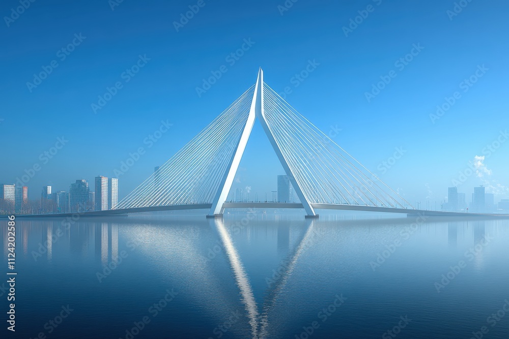 Fototapeta premium A modern bridge with a sleek design reflected in calm water under a clear blue sky.