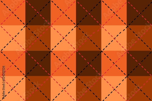 Warm Patchwork Plaid :geometric pattern featuring a warm orange and brown color palette, intersected with dashed diagonal lines for a modern plaid-inspired look. 