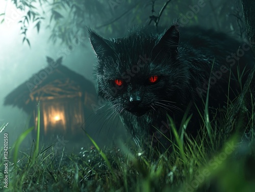 Cha Kla mythical cat ghost in moonlit jungle, glowing red eyes and shadowy form with eerie undergrowth background