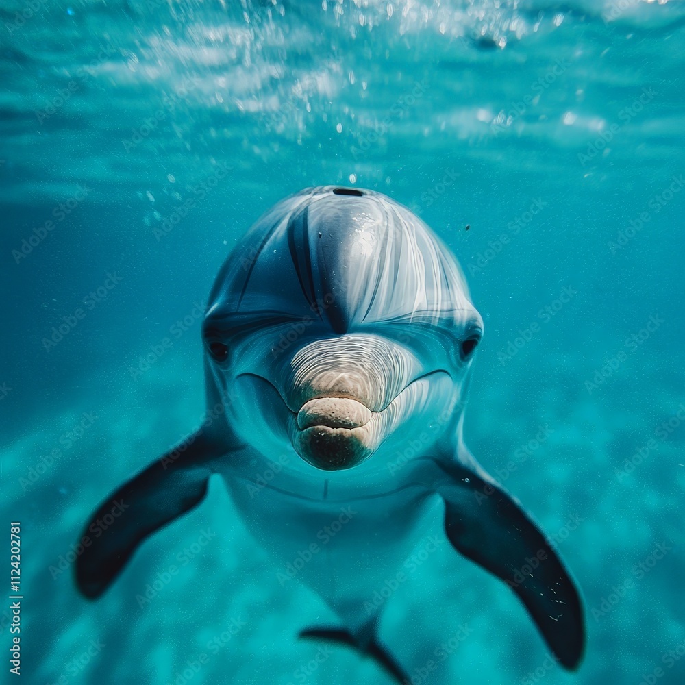 Obraz premium A close-up of a dolphin face as it swims underwater, its eyes sparkling with intelligence