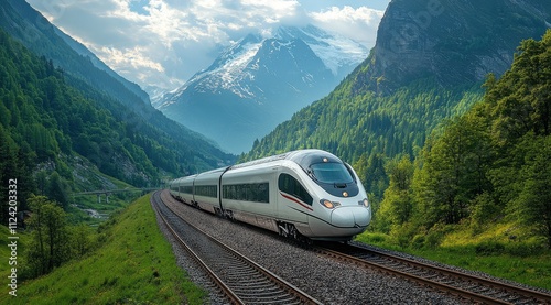 High-speed train travels through scenic mountain valley.