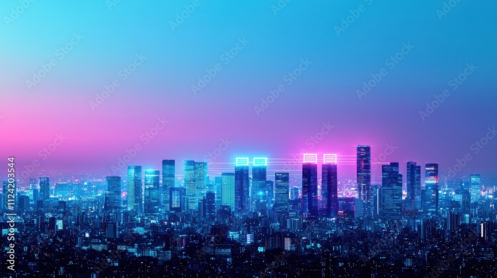 Obraz premium 5G technology and expansion, A vibrant city skyline at dusk, featuring illuminated buildings against a gradient of purple and blue hues.