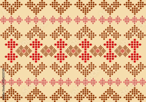 Folk Heart Geometric Tapestry : pattern inspired by traditional folk art, featuring pixelated hearts and geometric shapes in earthy tones and vibrant red on a neutral beige background.
