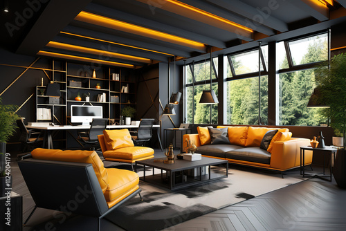 Modern black office showcasing innovative design with a focus on clean lines