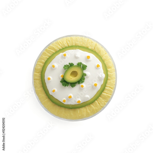 Causa Rellena - A layered dish made from mashed yellow potatoes, avocado, tuna or chicken, and mayonnaise, offering a cold, photo