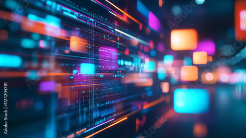 Vibrant digital abstract background with glowing lines and colorful blocks, creating sense of depth and motion. Perfect for technology and innovation themes