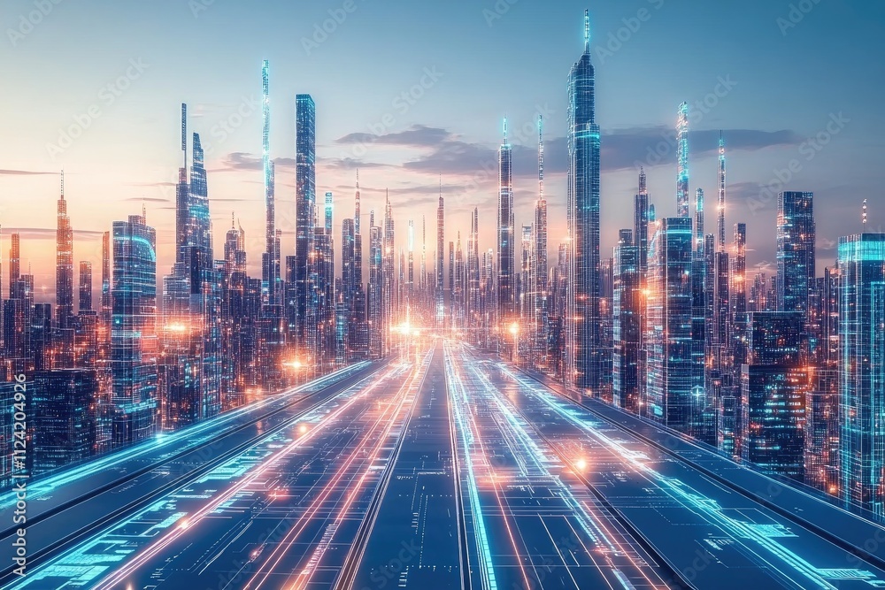Futuristic Cityscape: Illuminated Road to Digital Towers at Dawn, Smart Urban Designs Glowing Brightly. Futuristic Cityscape: Illuminated Road to Digital Towers at Dawn, Smart Urban Designs Glowing Brightly.