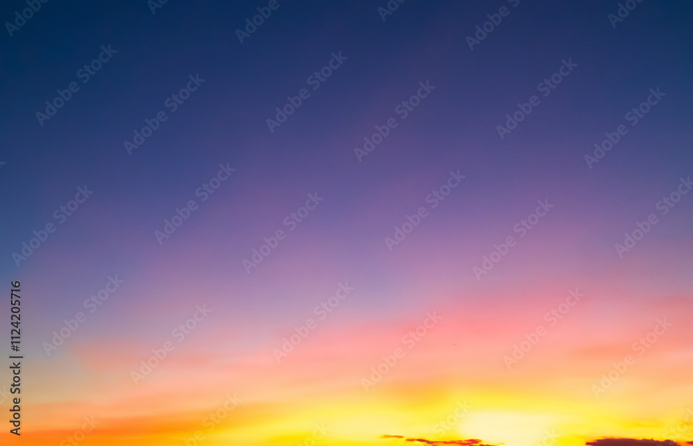 Fototapeta premium Sky sunset evening background sunrise dusk cloud dramatic orange twilight red warm sunny dawn sunshine romantic calm nature, cloudscape summer autumn spring scene, environment ecosystem energy.