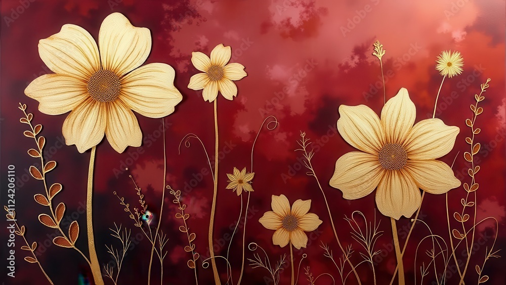 Obraz premium Golden streaks.Experience the grandeur of elegant golden floral arrangements artfully depicted upon a rich burgundy watercolor sheath, accentuated by swirling threads of rose gold kelp-like structures