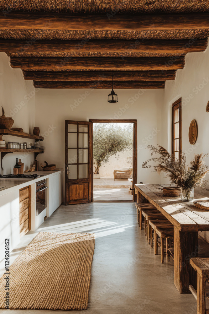 Fototapeta premium Warm and inviting kitchen with rustic decor and a sunny outdoor view