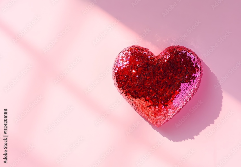 Fototapeta premium A heart shape made of red sequins on a pastel pink background