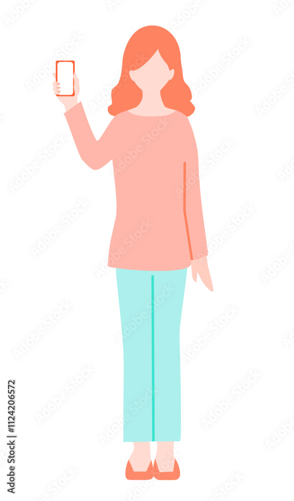 Full-body illustration of a young woman holding up a smartphone in her hand. Full-body illustration of a young woman holding up a smartphone in her hand.