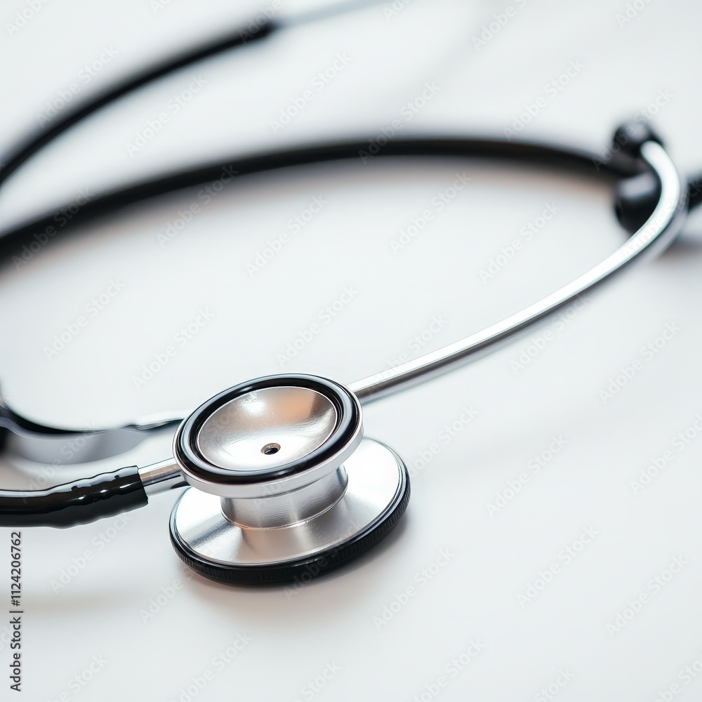 A close-up of a stethoscope isolated on a white background, with detailed focus on the chest piece and tubing A close-up of a stethoscope isolated on a white background, with detailed focus on the chest piece and tubing