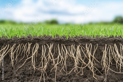 Chemical compounds leaching into earth with roots battling against environmental toxins. photo