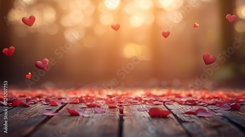 A clean desk outline illuminated by soft pink glowing lights, with floating hearts subtly framing the background, creating a romantic yet professional atmosphere, with space for text