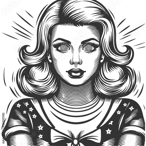 Hypnotized woman with hypnotic spiral eyes, capturing a retro, surreal expression sketch engraving generative ai fictional character vector illustration. Scratch board imitation. Black and white image