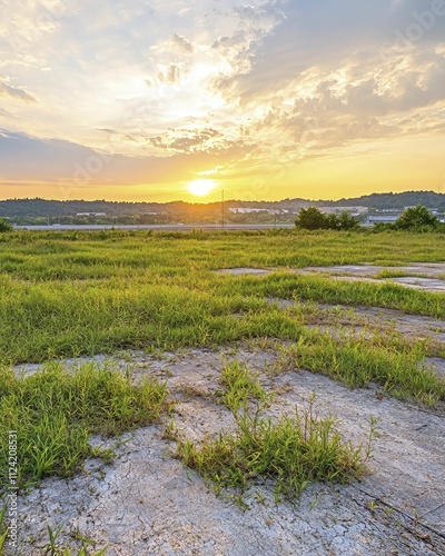 Dramatic sunset over brownfield sites with overgrown vegetation emphasizing potential for redevelopment and urban renewal initiatives photo