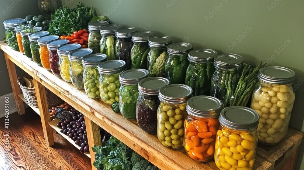 Mason jars filled with various preserved vegetables and arranged on a wooden shelf.