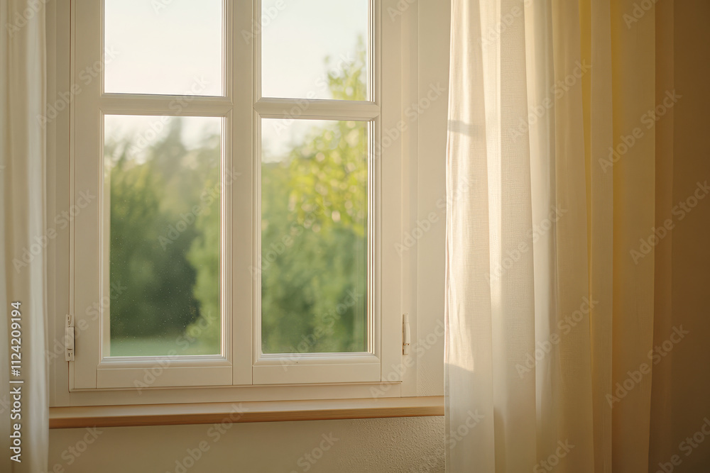 Sunlight streaming through a white window during a serene morning Sunlight streaming through a white window during a serene morning