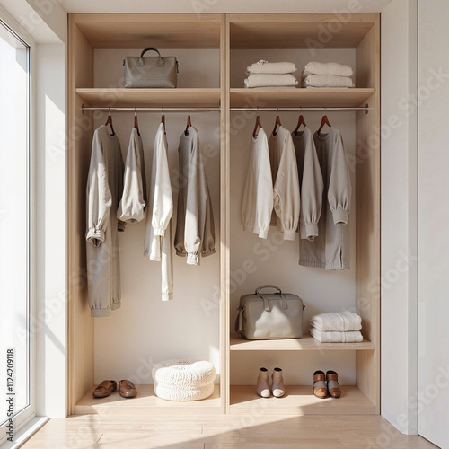 Minimalist wooden wardrobe with neatly organized clothing, modern storage