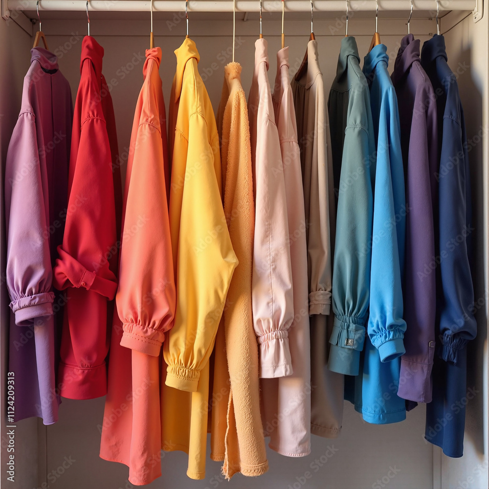 Colorful wardrobe with neatly arranged jackets, vibrant and organized Colorful wardrobe with neatly arranged jackets, vibrant and organized