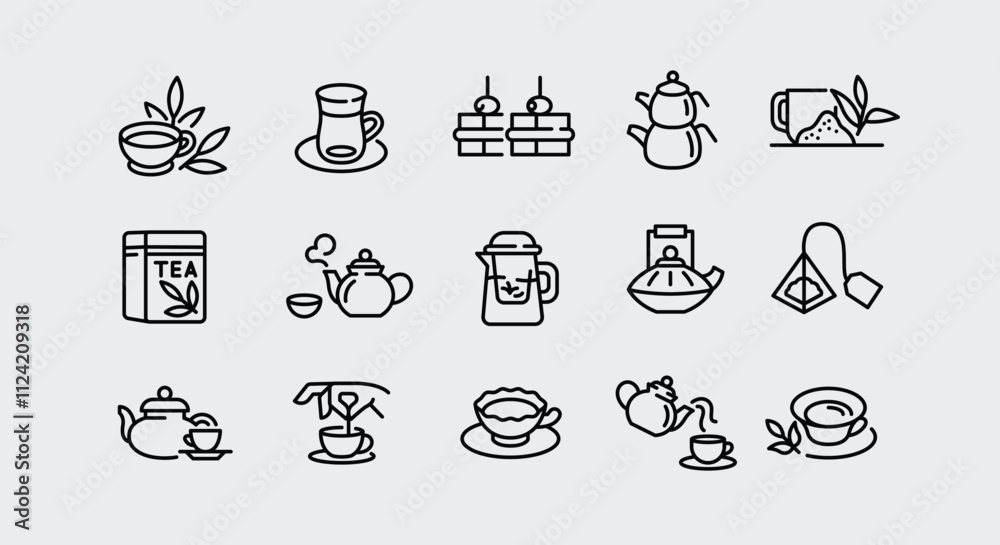 Tea icons. Set of 15 tea-themed minimal icons. Examples: Teapot, Cup, Bag, Box, Macaron. Perfect for web page, mobile app, and branding related to tea products. Vector illustration Tea icons. Set of 15 tea-themed minimal icons. Examples: Teapot, Cup, Bag, Box, Macaron. Perfect for web page, mobile app, and branding related to tea products. Vector illustration